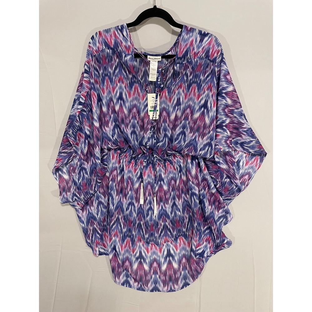 TOMMY BAHAMA NWT WOMENS L/XL TUNIC IKAT MIRAGE LACE UP FRONT SWIM COVER UP BLUE